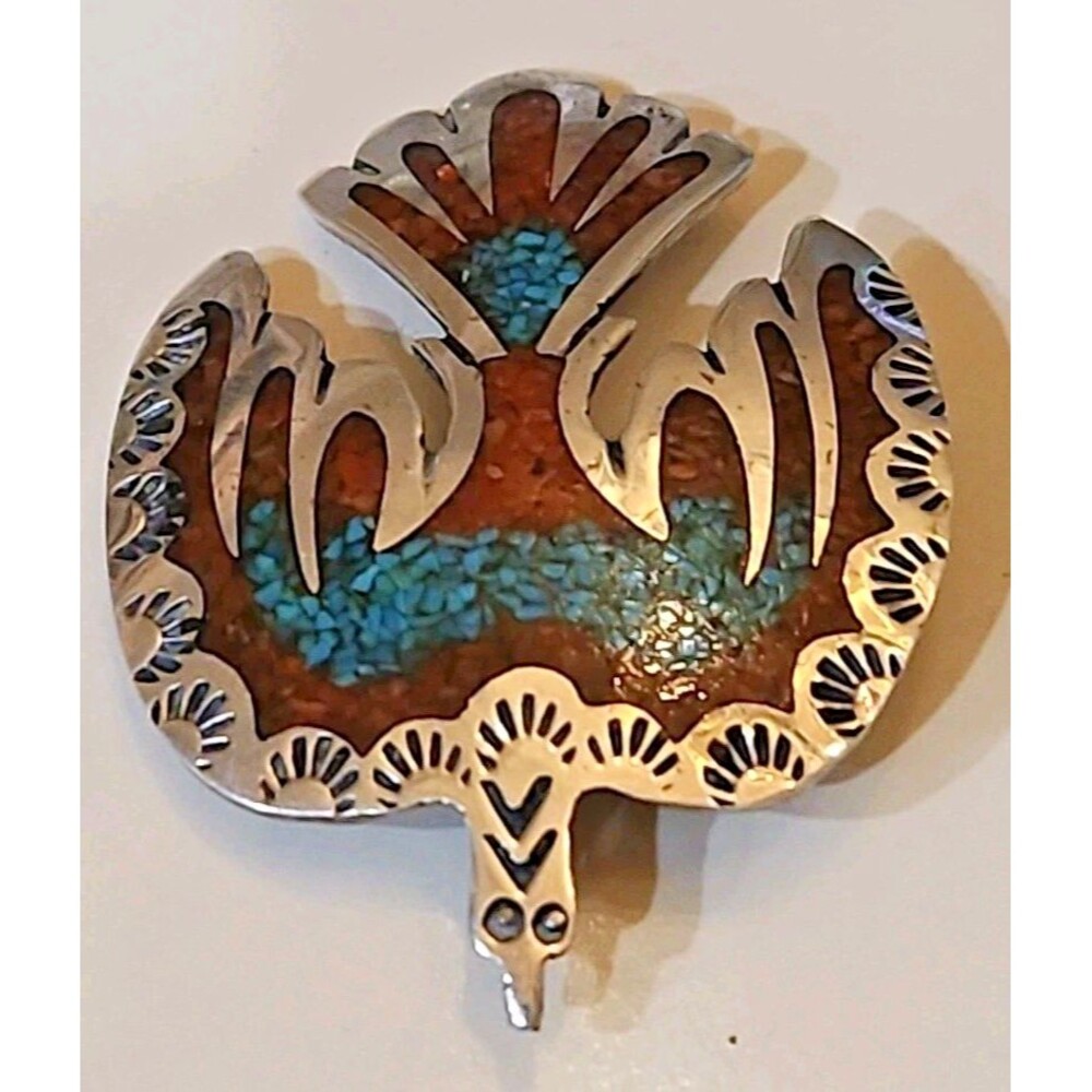 Vintage Navajo Sterling Silver Turquoise & Coral Inlay Pendant - Picture 3 of 7